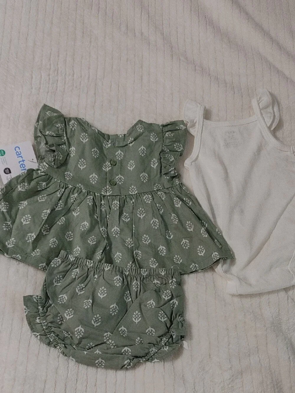 3 PC Set Carter's Green Floral Top, Bloomer & White Bodysuit Set